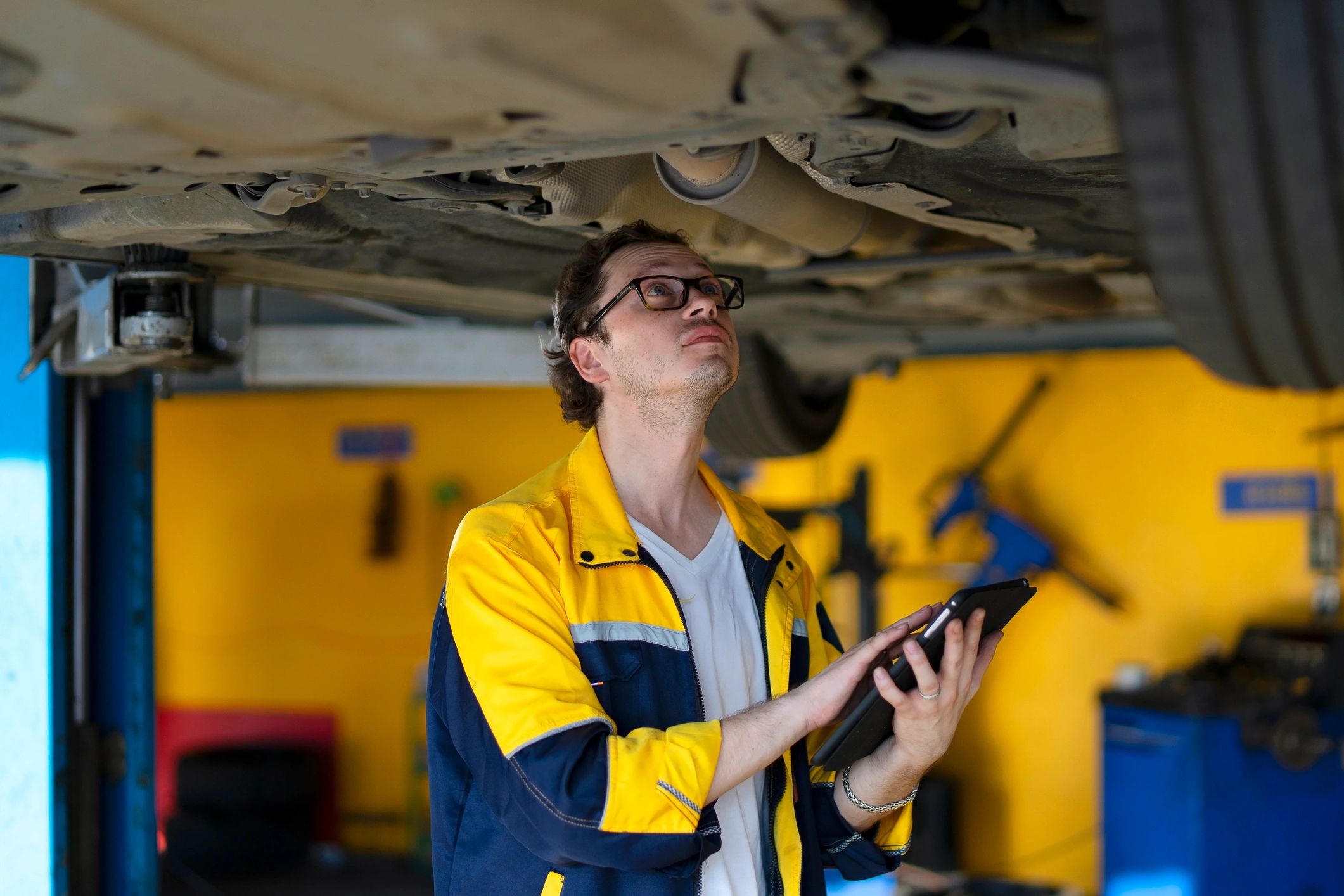 Technician inspecting vehicle systems
