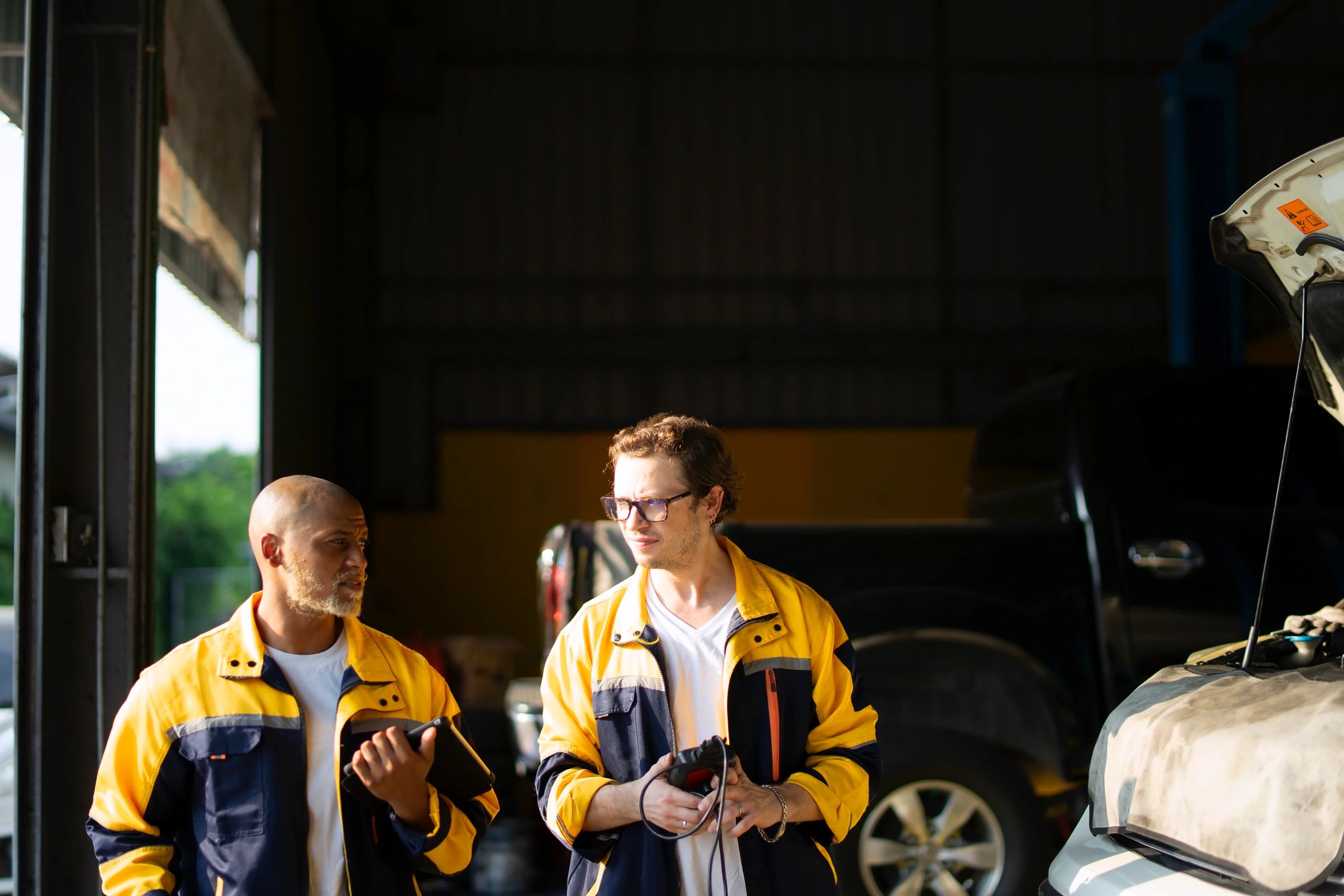 Automotive service professional assisting with vehicle repair